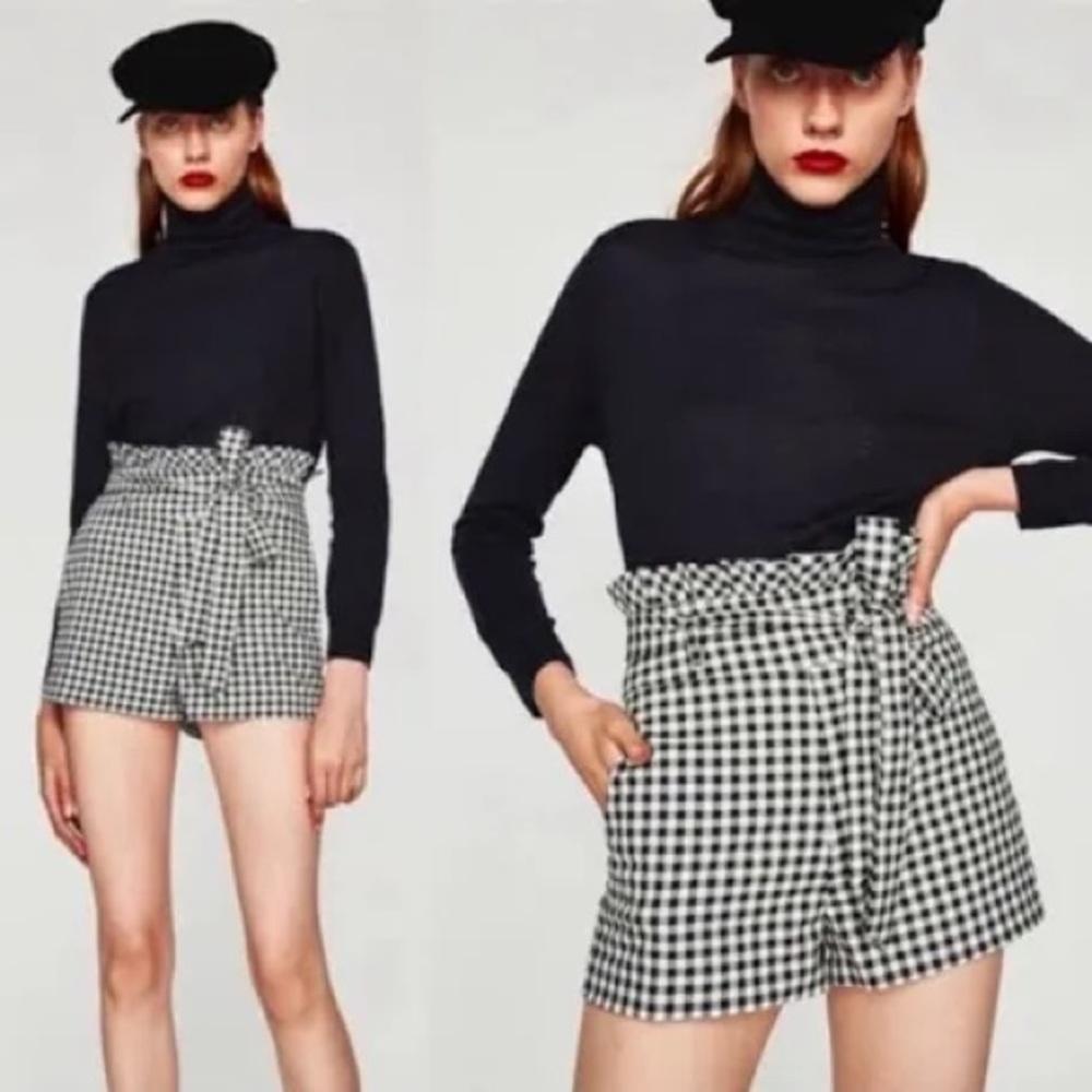 *ZARA* Trafaluc Collection Black x White Gingham Paperbag Ruffle Shorts Sz Med
